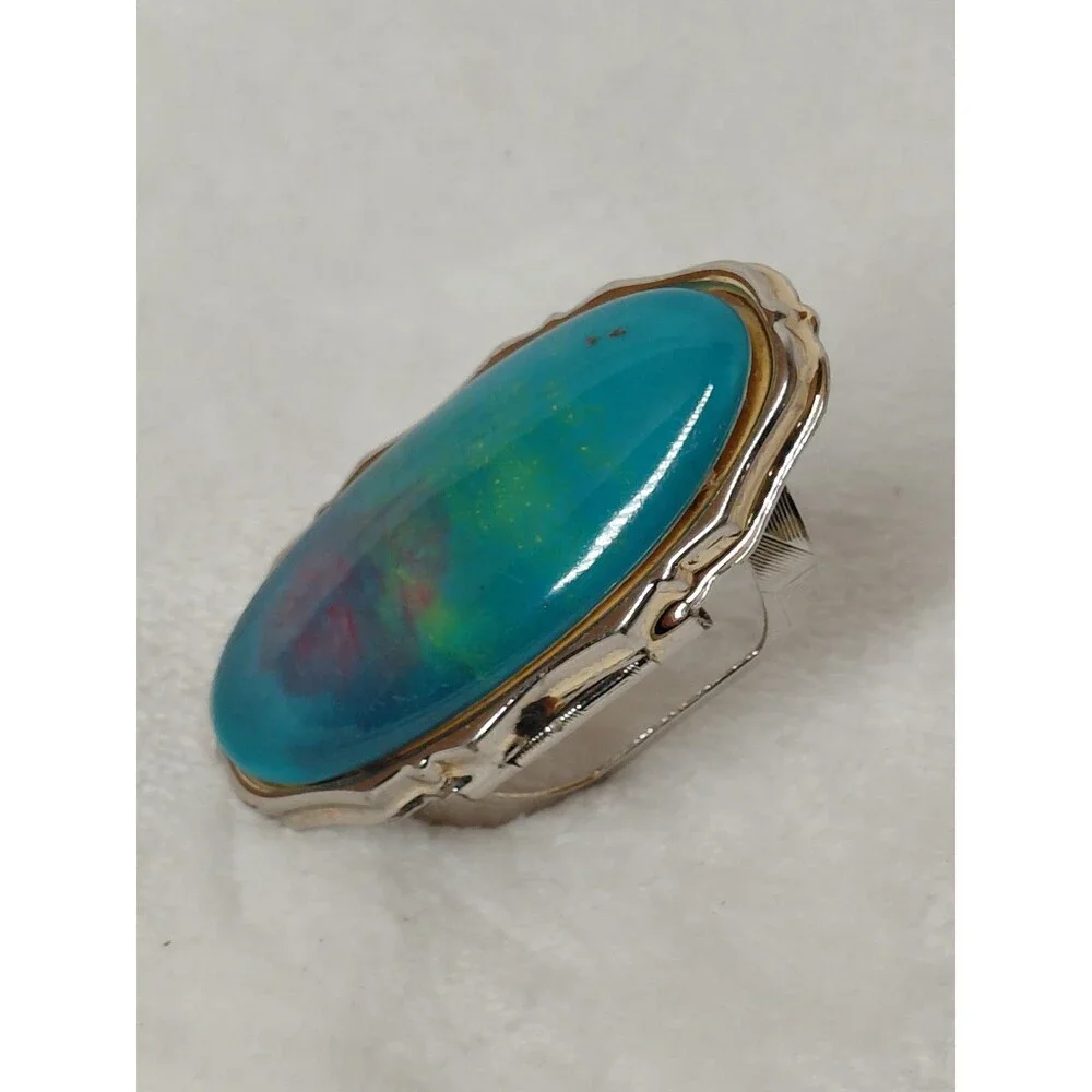 Vintage Silver Tone Faux Turquoise Compact Locket Ring Hidden Mirror Poison Boho
